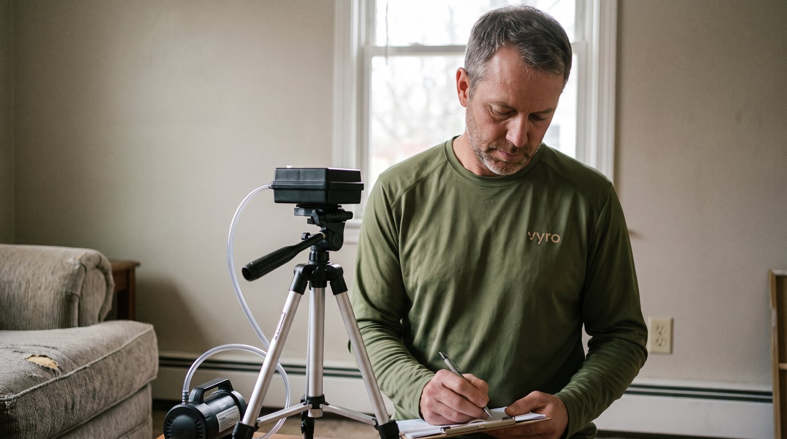 A Vyro indoor air quality specialist documenting results beside an air sampling cassette on a tripod