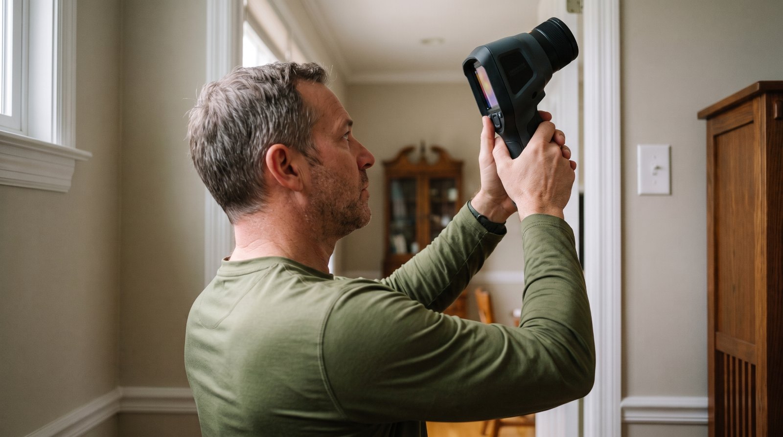Vyro specialist sweeping a wall with a thermal imaging camera