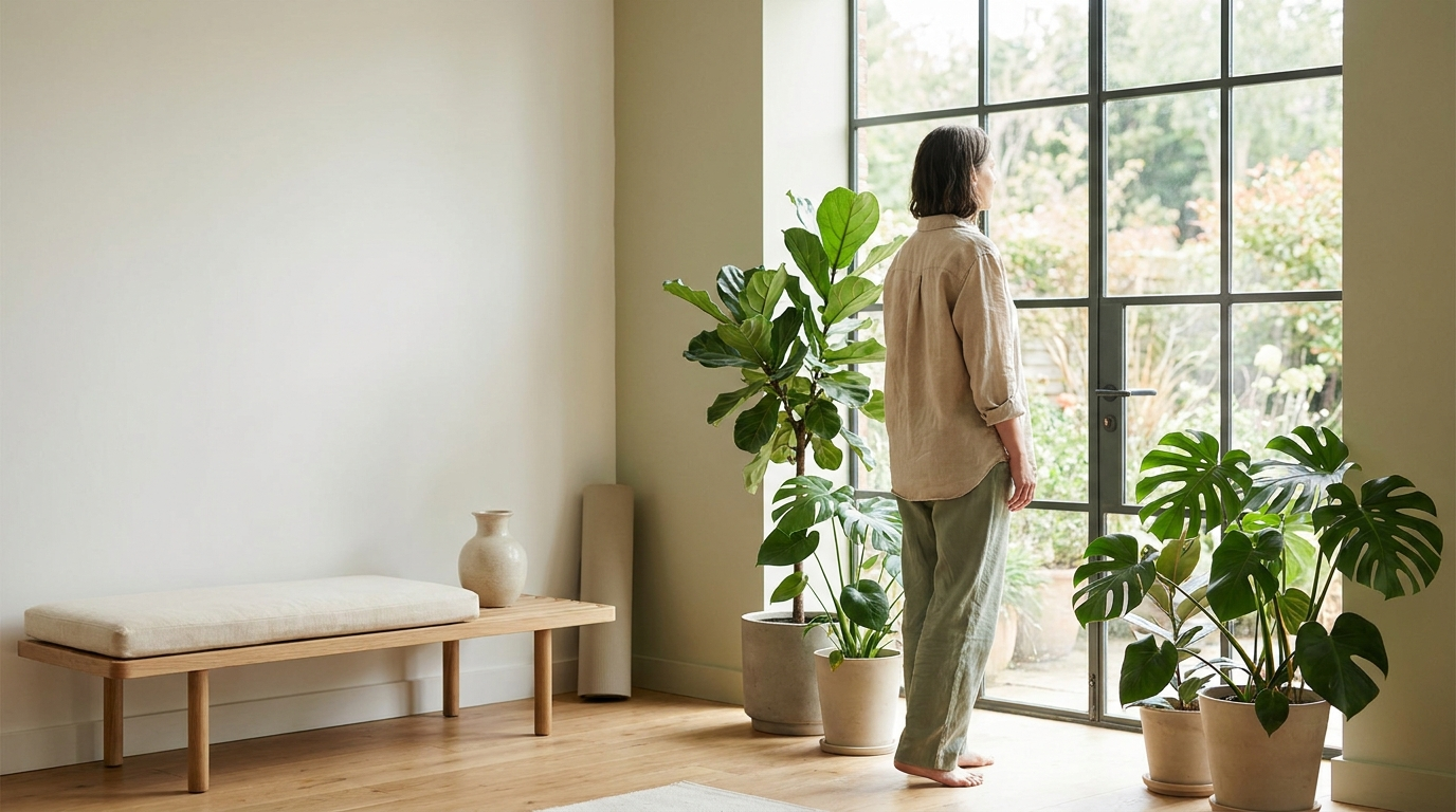 A woman looking out a window in a bright, plant-filled room